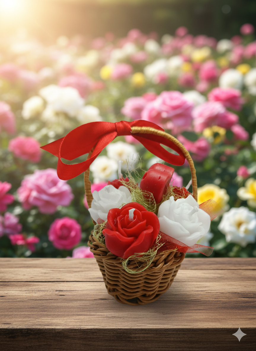 Cesta Rústica "Amor em Flor" - Velas Artesanais Vermelhas